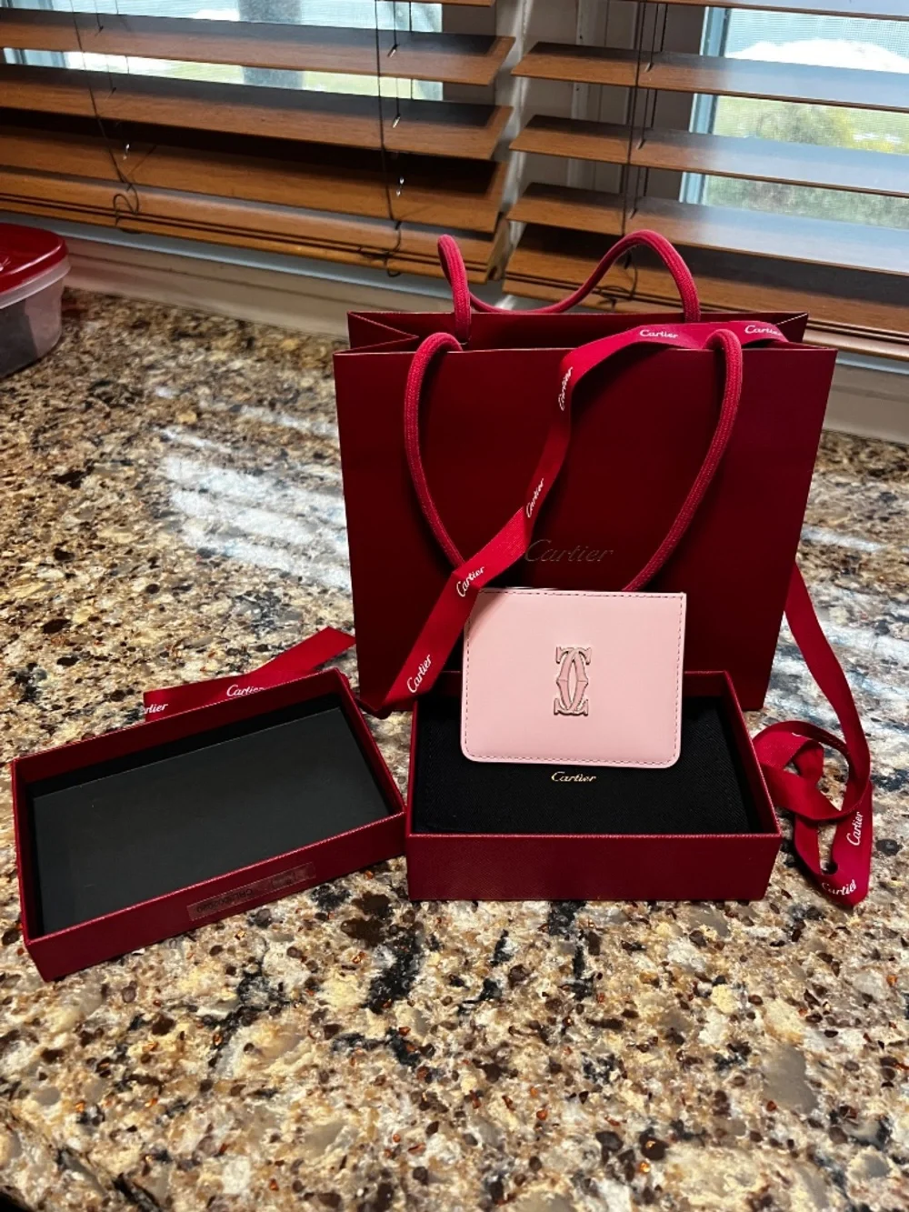 Authentic Cartier C de Cartier Pink Leather Card Holder Wallet w/ Box, Dust Bag